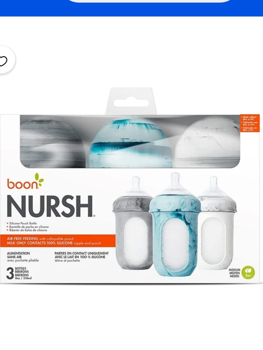 Boon NURSH Reusable Silicone Baby Bottles - Marble (Blue, Grey and White)